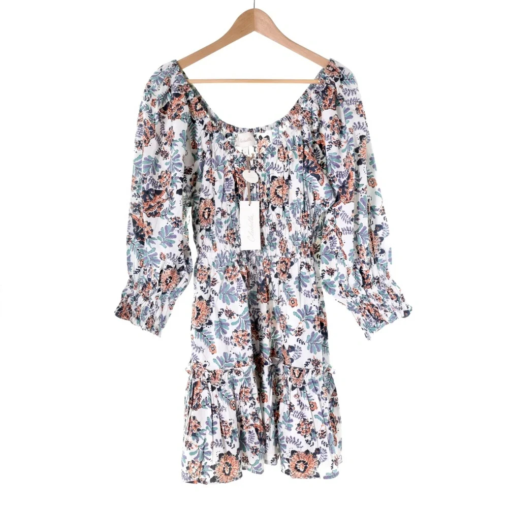 NWT Cleobella Maxine Floral Organic Cotton Scoop Neck Ruche Mini Dress Womens M - Picture 2 of 10